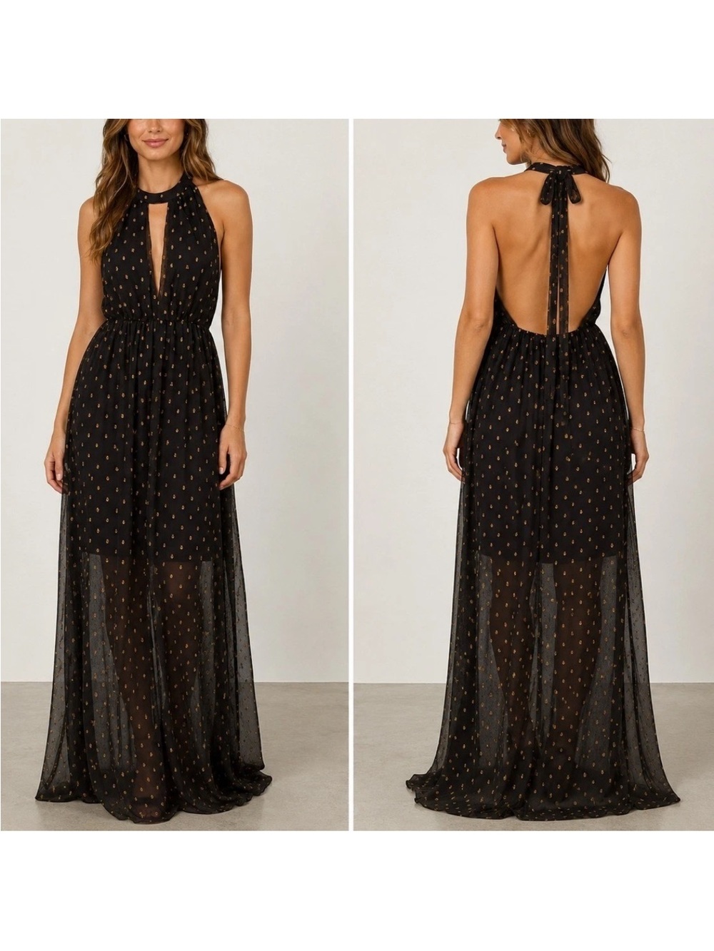 Anthropologie Celandine Beach Disco Plunging Maxi Dress Black Gold Metallic XS